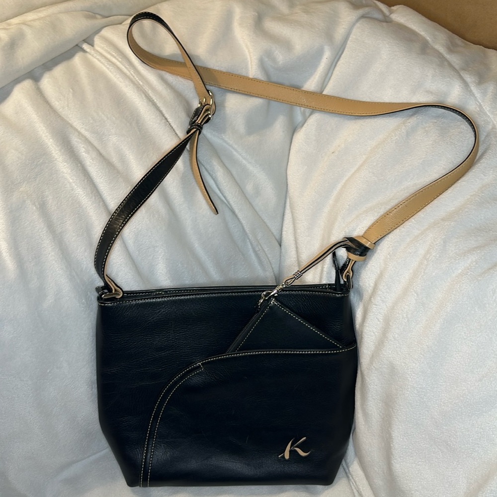Kitamura Black/Tan/Gold Leather Crossbody with Change Purse